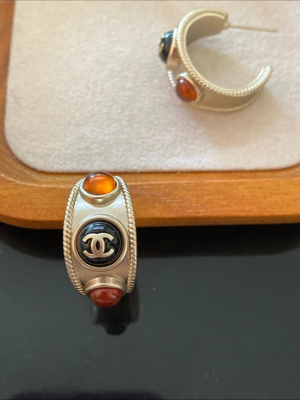 CHANEL Gold-Tone Oval Drop Earrings with Orange Cabochons